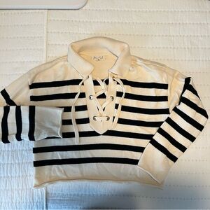 Cream Knit Striped Lace-Up Sweater